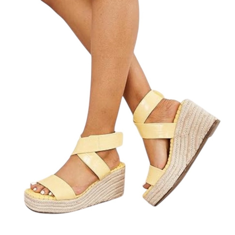 Coutgo Cross Strap Espadrille Reptile Wedge Platform Pastel Yellow Sandal